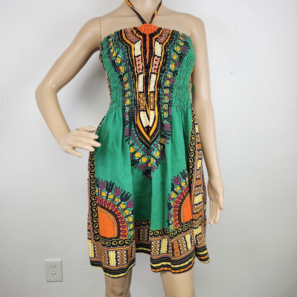 Dashiki Print Smocked Halter Dress Standard Size African Boho Hippie Festival